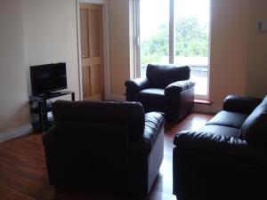恩尼斯克朗Sun Apartments的客厅配有沙发、两把椅子和电视