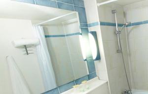 勒河畔的圣马丁Kyriad Châlons-En-Champagne - Saint-Martin的设有带镜子和浴缸的淋浴的浴室