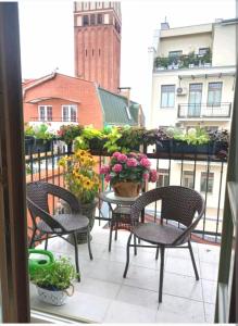 埃尔布隆格Bea Home Elblag - dwie sypialnie的庭院配有椅子和一张带花盆的桌子