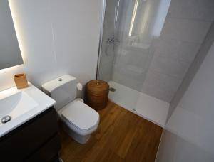 圣地亚哥－德孔波斯特拉Santiago Apartment的带淋浴、卫生间和盥洗盆的浴室