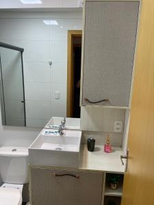 本图贡萨尔维斯Apartamento Elegante e aconchegante na Serra Gaúcha #的一间带水槽、镜子和卫生间的浴室