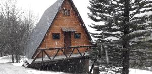若西耶chalets montagnard的雪中木舱,有树
