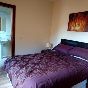 韦斯特波特Ros na gCloch的一间卧室配有紫色的床和水槽