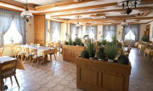 金策尔Landhaus Rhönblick的用餐室配有桌椅和盆栽植物