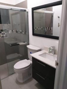 蒙特哥贝Meadows Place的浴室配有卫生间、盥洗盆和淋浴。