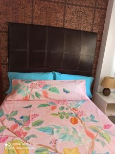 马拉加Apartamento Teatinos Universidad的一张带粉红色棉被和黑色床头板的床