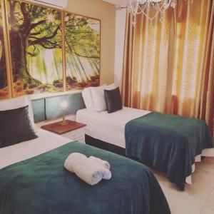 伊瓜苏La Maison Brasiliana B&B的一间房间,设有两张床,一条毛巾形状像一个填充动物