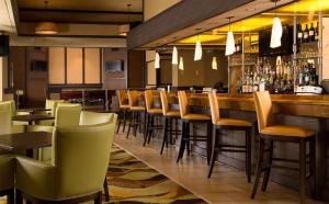 德卢斯亚特兰大格威内特广场圣淘沙酒店的餐厅设有酒吧,配有棕色和绿色的椅子