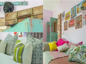 梅瓦吉西洛尔谷仓旅馆的一张带枕头的房间的四张照片拼贴
