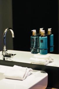 马斯特里赫特Vaeshartelt Maastricht的浴室水槽配有2瓶肥皂和毛巾