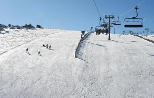 阿波夫拉德特里韦斯Estación de Montaña Manzaneda的一群人沿着雪覆盖的滑雪场滑雪