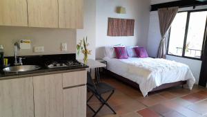 瓜塔佩Ecolodge Bahia del Peñón的一间卧室配有带粉红色枕头和水槽的床