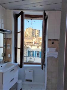 罗纳河畔的图尔农城堡酒店的浴室设有窗户,享有建筑的景色