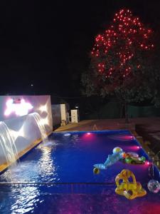 马泰兰Sayeban Hotel的夜间游泳池,里面备有玩具