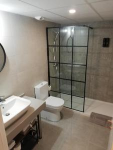 博尔穆霍斯Apartamento Servet, parking gratuito, a 5 minutos de Sevilla的浴室配有卫生间、淋浴和盥洗盆。