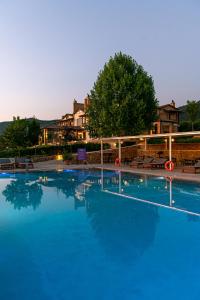 维蒂纳Nymfasia Resort的夜间蓝色海水的大型游泳池