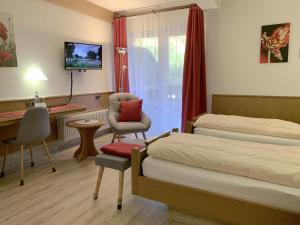 昂特雷申巴赫昂特雷卡普芬哈德特尔姆勒兰德酒店的酒店客房配有两张床、一把椅子和一张书桌