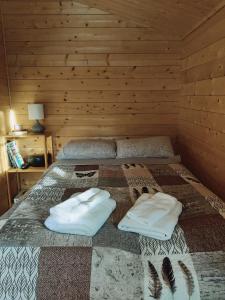 阿克雷里Bakkakot 2 - Cozy Cabins in the Woods的木制客房内的一张床位,上面有两个枕头