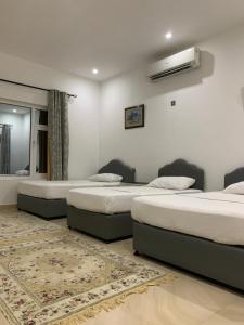 Al Wāşil东方之夜酒店的带两张床和镜子的客房