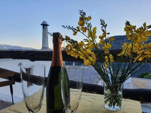 布维翁La Higuera的一瓶香槟和一张桌子上的两杯酒