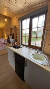 TuxfordBeautiful Wooden tiny house, Glamping cabin with hot tub 2的一个带柜台和水槽的厨房