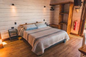 皮奇勒姆Morros del Pacífico的卧室配有一张床铺,位于带木墙的房间内