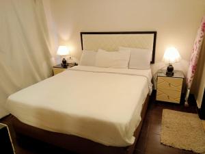 沙姆沙伊赫Apartment in Porto Sharm VIP的一间卧室配有一张带两盏灯的大型白色床。