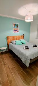 滨海萨纳里Maison de ville en plein cœur de Sanary 3 double chambres 105M2的一间卧室配有一张带蓝色墙壁的大床