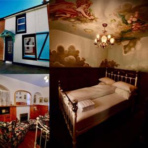 贝尔法斯特Victoria Titanic 1912 cottage的卧室两张照片,卧室配有一张床和房子