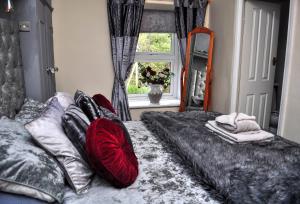 LlanegrynPeniarth arms的一间卧室配有一张带红色枕头的床和一扇窗户