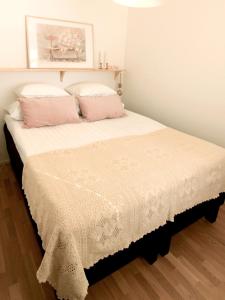 库奥皮奥City Home Aapeli的一间卧室配有带粉红色枕头的床