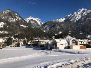 毛拉赫Urban Alpine Penthouse with Lake View的山地下雪的村庄