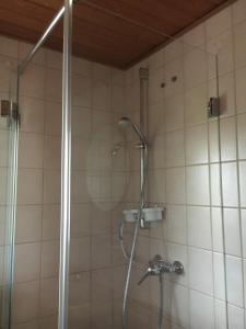 乌尔丁根-米赫尔霍芬Ferienwohnung am Kirschbaum的浴室里设有玻璃门淋浴