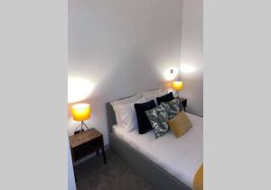 唐克斯特Doncaster City Centre Deluxe Whole Apartment sleeps 4 D19的一间卧室配有一张带两盏灯的床。