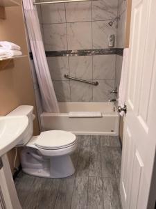 麦基诺城海滨汽车旅馆的浴室配有卫生间、淋浴和盥洗盆。