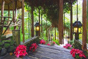 峇六拜Fig Tree Hills Resort (花果山度假村)的森林中木人行道,有灯光和鲜花