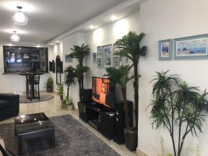 亚历山大Santorini Seafront Stay的一间种植了棕榈树的客厅和一台电视