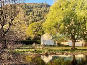 海姆维尔Mkomazana Mountain Cottages的白色的房子,有树和池塘
