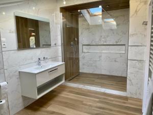 新扎姆基Penzión Rosel的带淋浴、盥洗盆和镜子的浴室