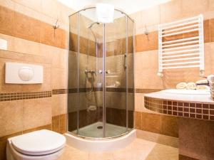 弗罗茨瓦夫Hotel Stara Garbarnia的带淋浴、卫生间和盥洗盆的浴室