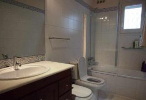 赫罗纳Sleep y Stay Duplex Barri Vell的一间带水槽、卫生间和淋浴的浴室