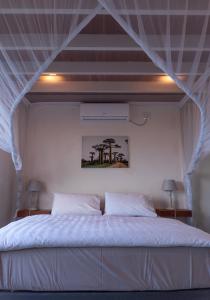 托弗海滩Coral Tree Surf Cottage - Tofinho, Tofo的一间卧室配有一张白色天蓬床