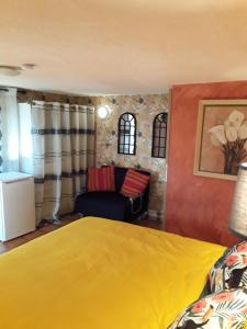 ChâteauvieuxGite les Cigales的一间卧室配有黄色的床和沙发