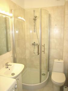华沙威尔逊公寓的带淋浴、卫生间和盥洗盆的浴室
