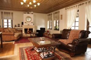Asprangeloi阿尔孔斯科克拉那酒店的客厅配有皮革家具和壁炉