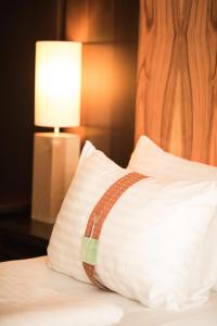 萨尔茨堡萨尔茨堡市假日酒店的枕头,坐在床上,带灯
