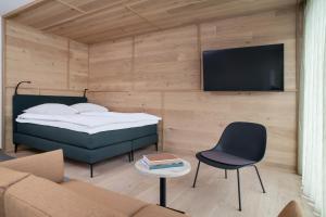 圣莫里茨Townhouse N9的一间卧室配有一张床、一台电视和一张沙发