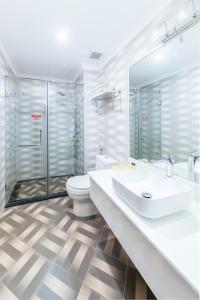 岘港Golden Rose Hotel by THG的浴室配有卫生间、盥洗盆和淋浴。