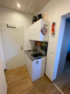 吕贝克Pensionszimmer Hannes的小厨房配有炉灶和冰箱