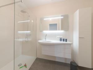 布列登Apartment Lakeside by Interhome的白色的浴室设有水槽和淋浴。